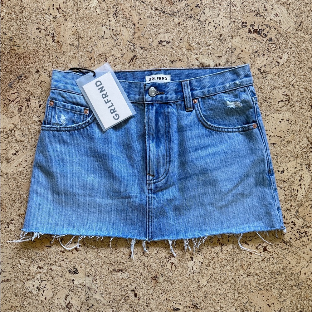 SOLD. NWT GRLFRND Distressed Denim Mini Skirt